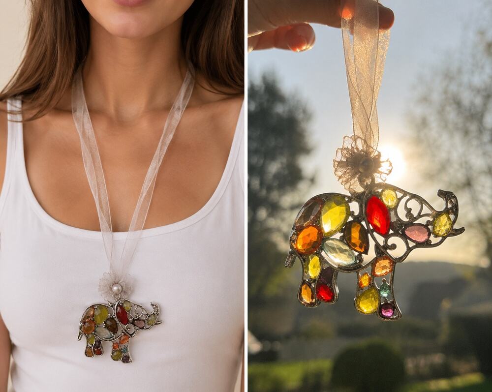 NWT ICON Collection Crystal “Stained Glass” Elephant Necklace & Earrings Set VTG